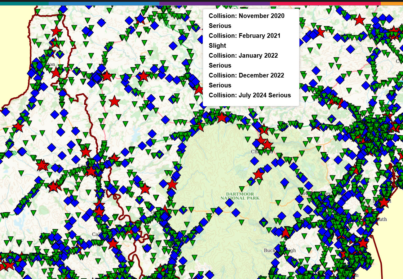 Collision map with a scary number of pins located within the Devon and Cornwall area
