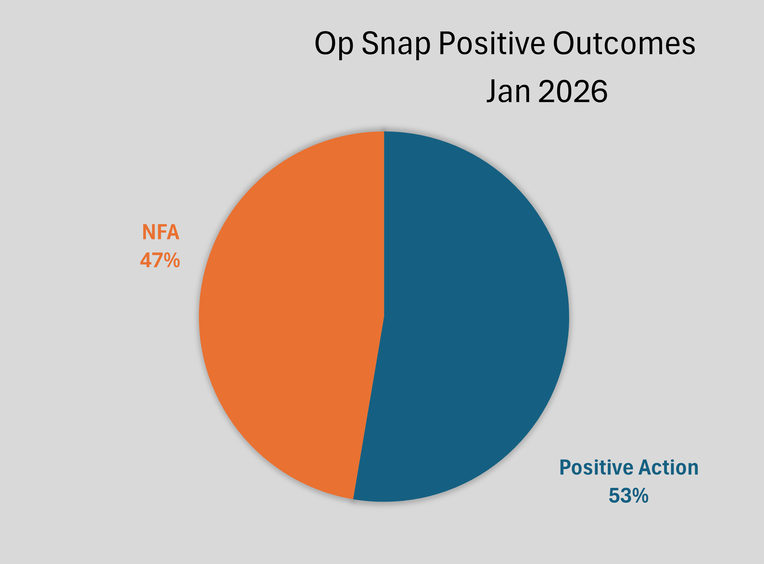 Operation snap pie chart showing positive action 44% and not for action (NFA) 56%