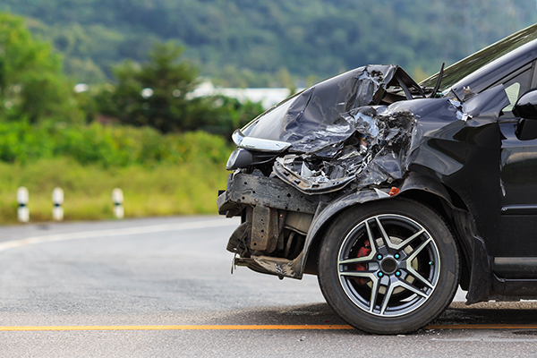 The crushed front side of a car